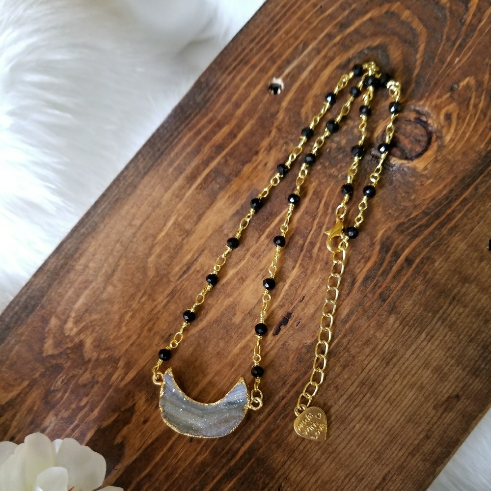 Druzy crescent moon rosary choker necklace